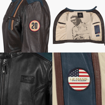 Détails veste cuir biker vintage – patch Le Mans, écusson Steve McQueen, fermetures métalliques